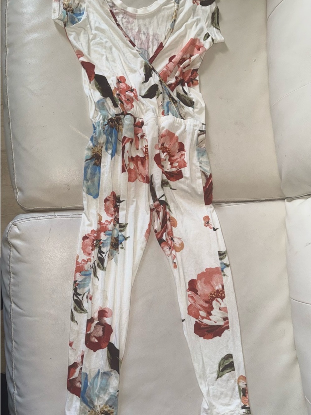 Source Unknown White Floral Wrap-Front One-Piece with Pink & Blue Blooms